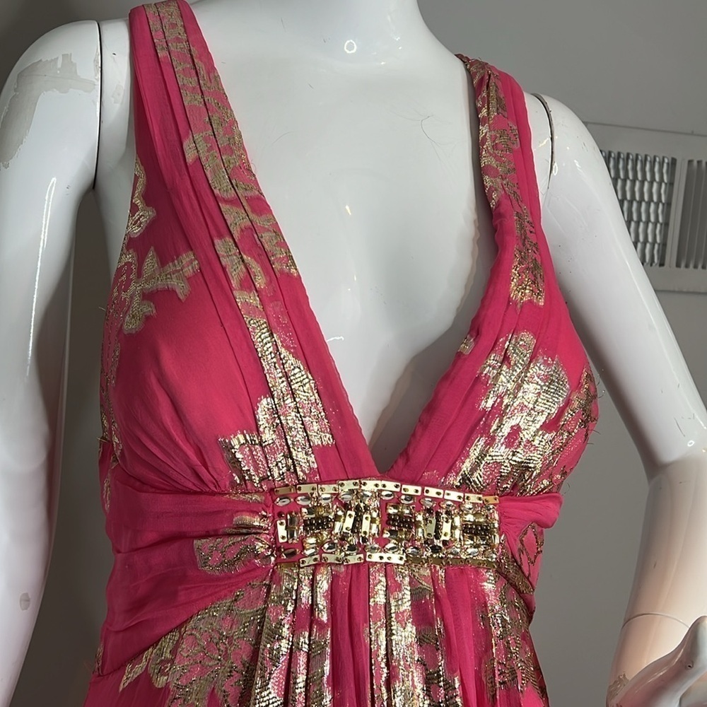 Xscape Sz 10 Pink Silk Gold Lurex Full Length Sleevles Gown Maxi Dress - Picture 2 of 14